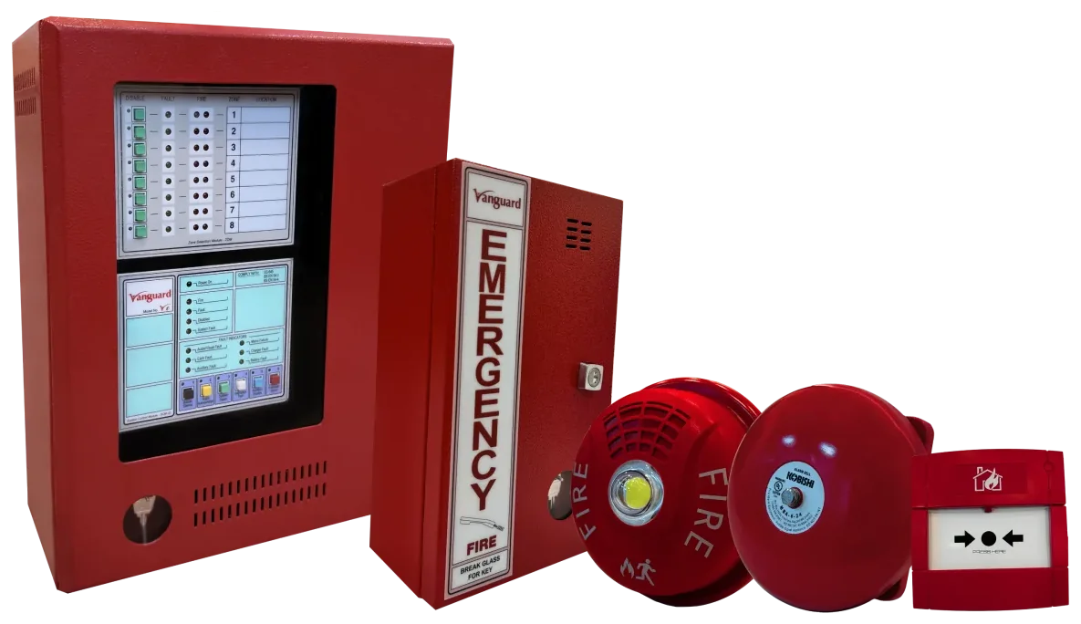 Vanguard fire-safety products — emergency cabinet, fire alarm panel, strobe, call point and bell